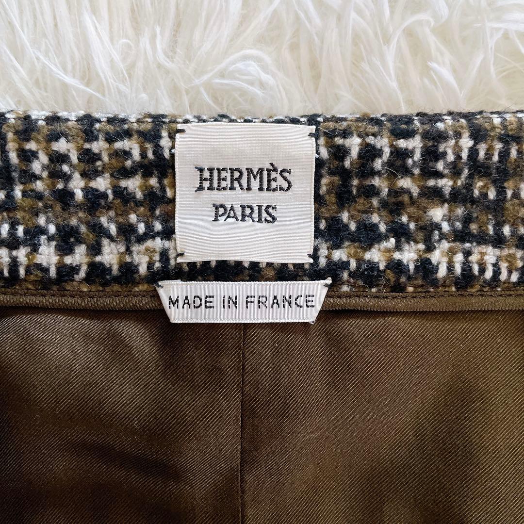希少✨美品【エルメス】カシミヤウールツイードラップスカート シルク ブラウン34