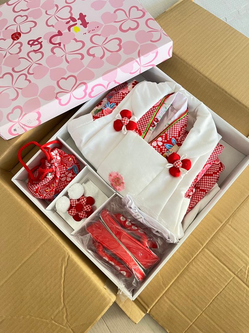 京都花ひめ 七五三 被布着物セット 赤色花柄 3歳華やか絞り風