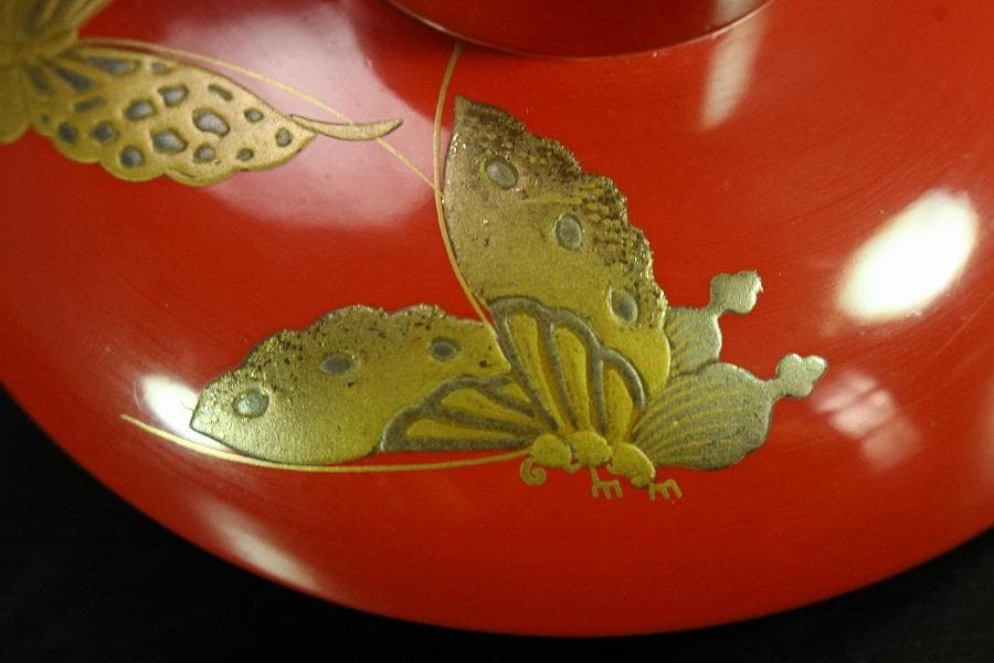 牡丹 蝶 蒔絵 朱塗 盃 一対 極上 美品(K-A382)