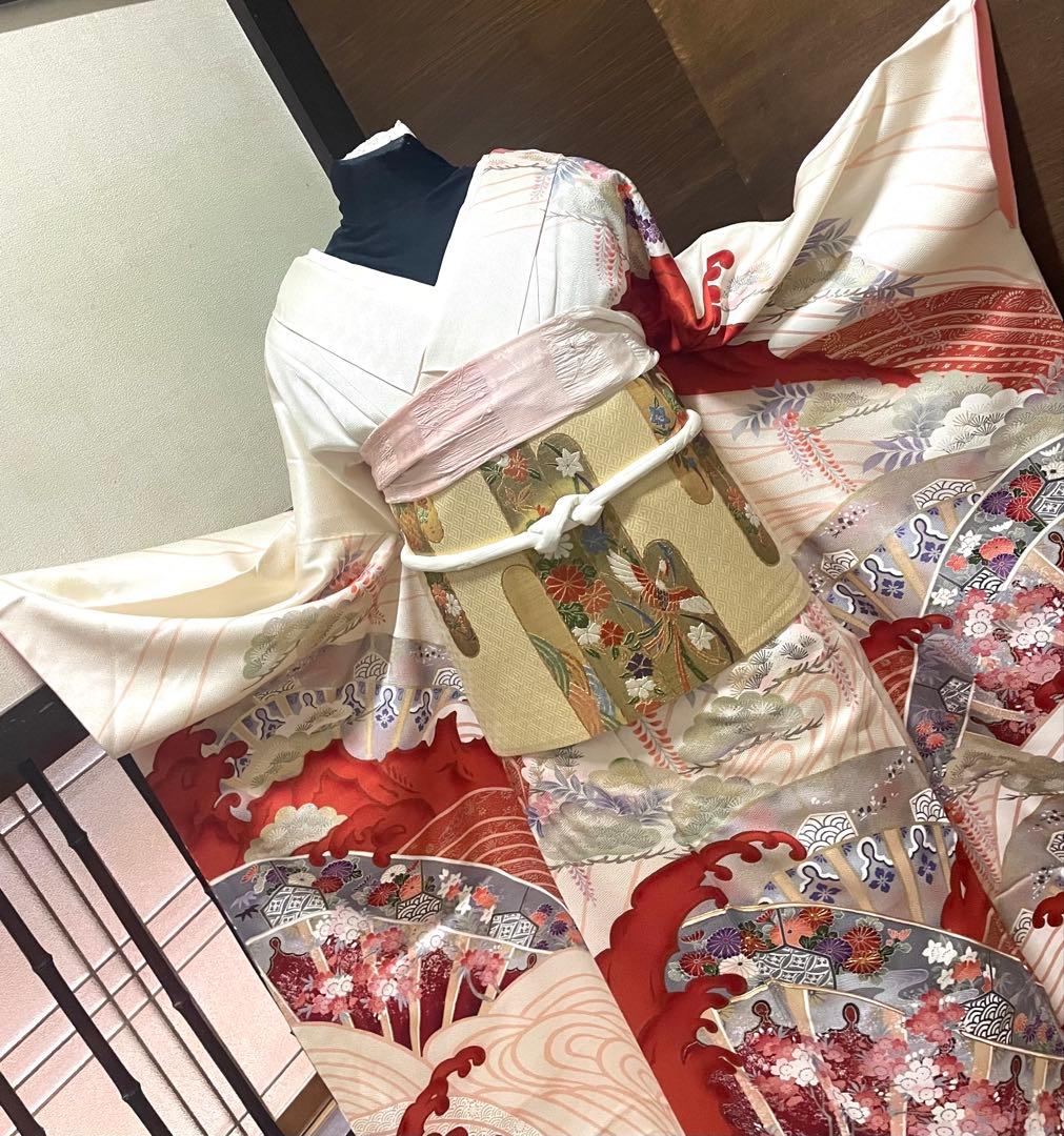 振袖 フルセット6点サイズM〜Ｌ駒刺繍　片輪車吉祥花文　金銀彩　正絹