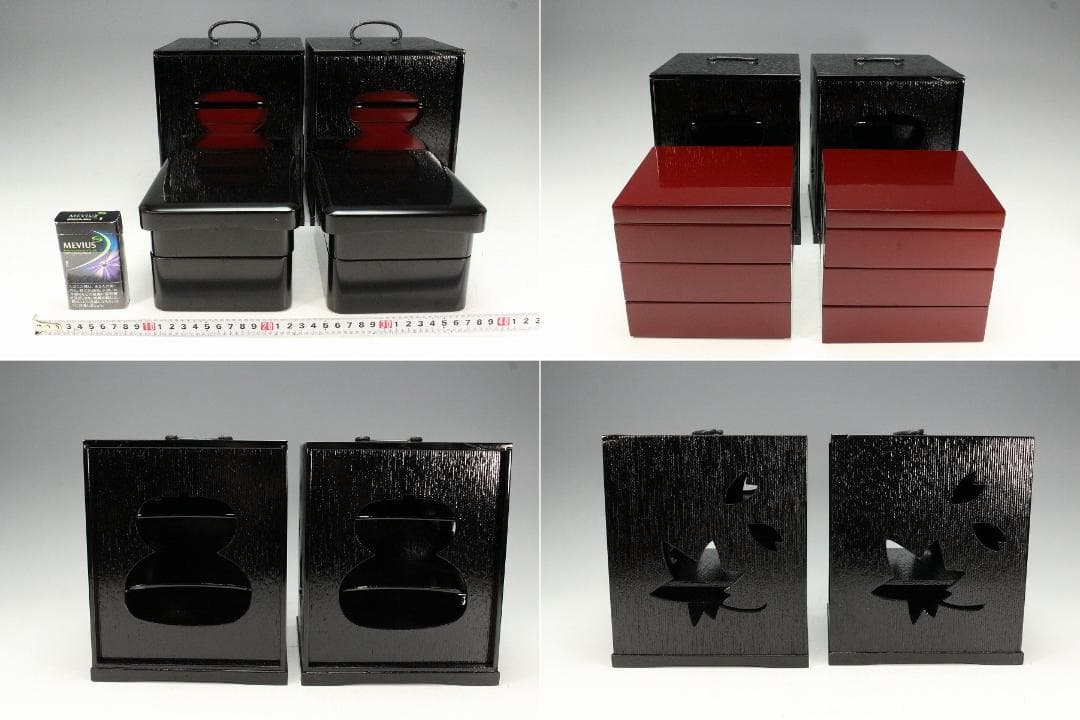 漆器 瓢窓 三段重 手提げ器 二段蓋物 弁当 一対 月見 正月(K-XA770)