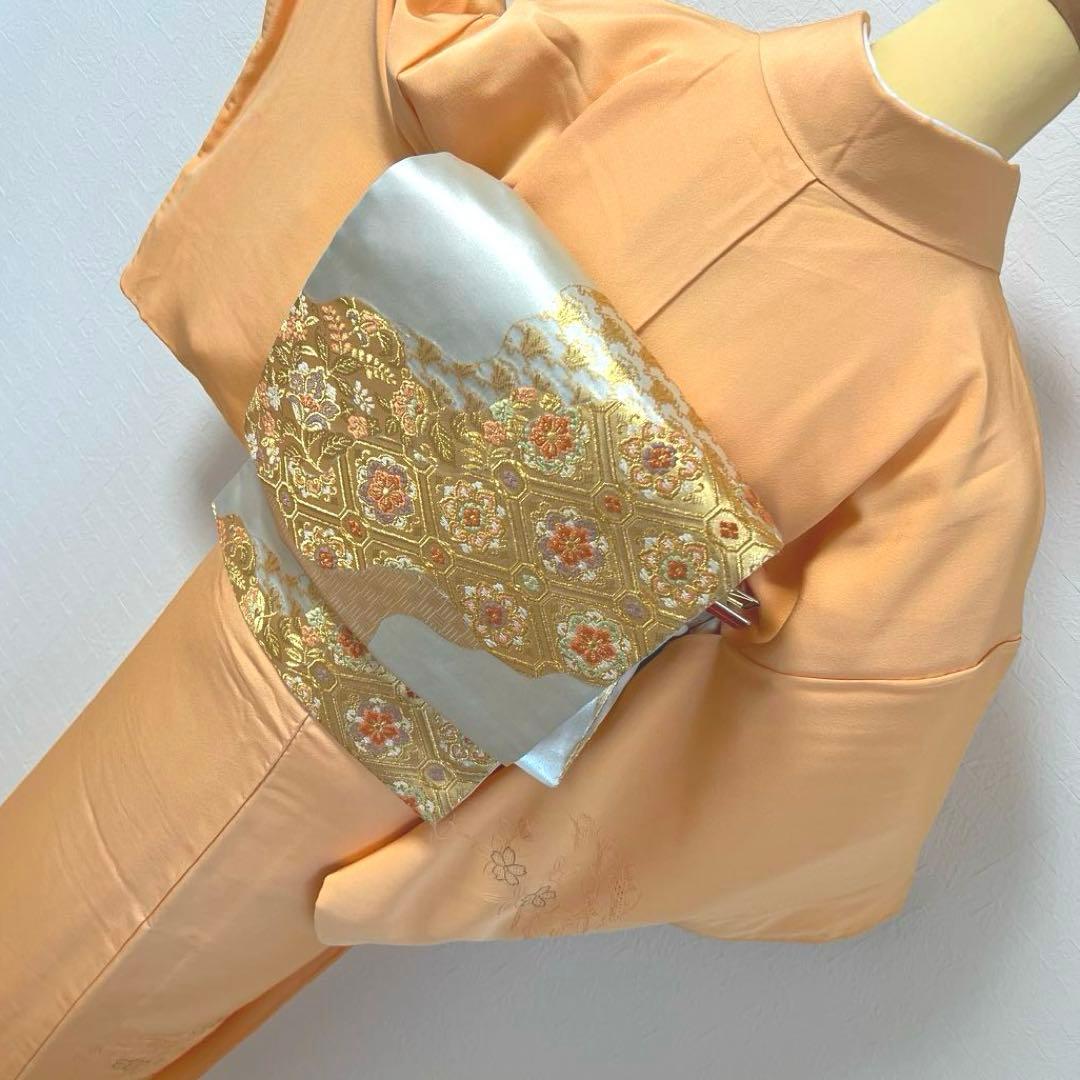 476 訪問着フルセット 正絹 薄オレンジ 薄橙 総刺繍 スワトウ 汕頭 上品