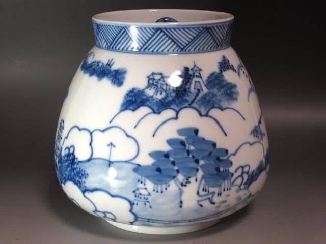 ★　加藤藤城　染付近江八景絵水指　久田流十二代尋牛斎の花押がございます★x384