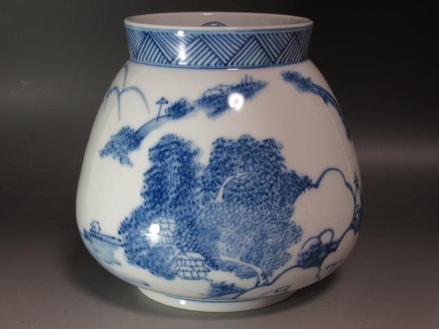 ★　加藤藤城　染付近江八景絵水指　久田流十二代尋牛斎の花押がございます★x384