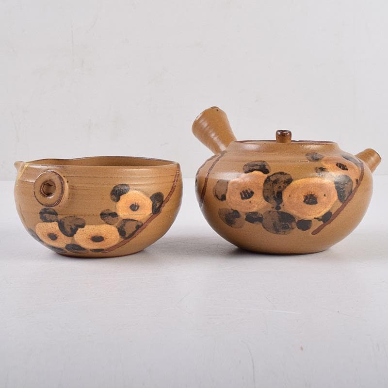 佐渡無名異焼　常山焼　三浦常山造　茶葉釉椿画　茶器揃　共箱　M　R9003