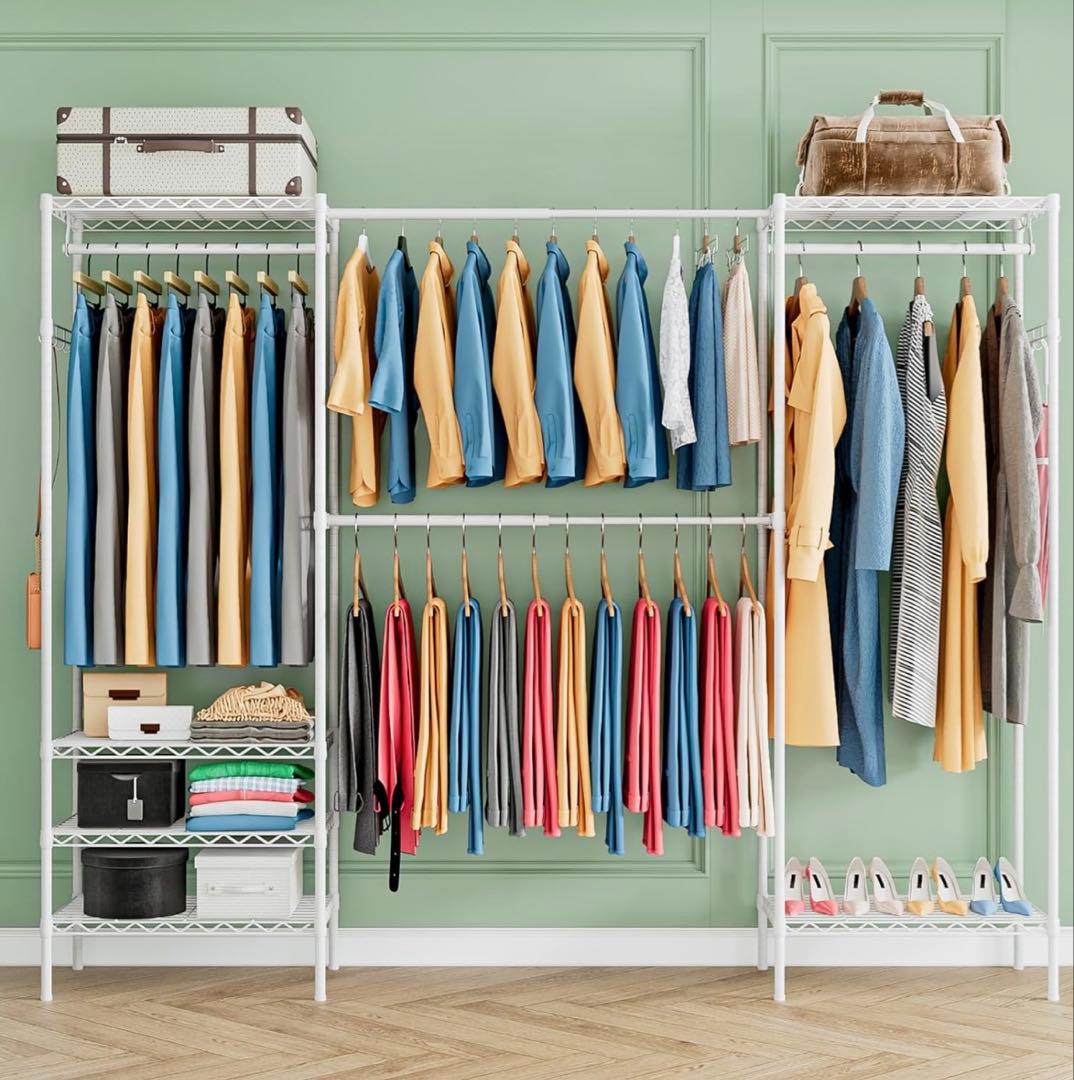 ハンガーラック 幅調整可 伸縮式ワードローブ メタルラック 棚板高さ調節