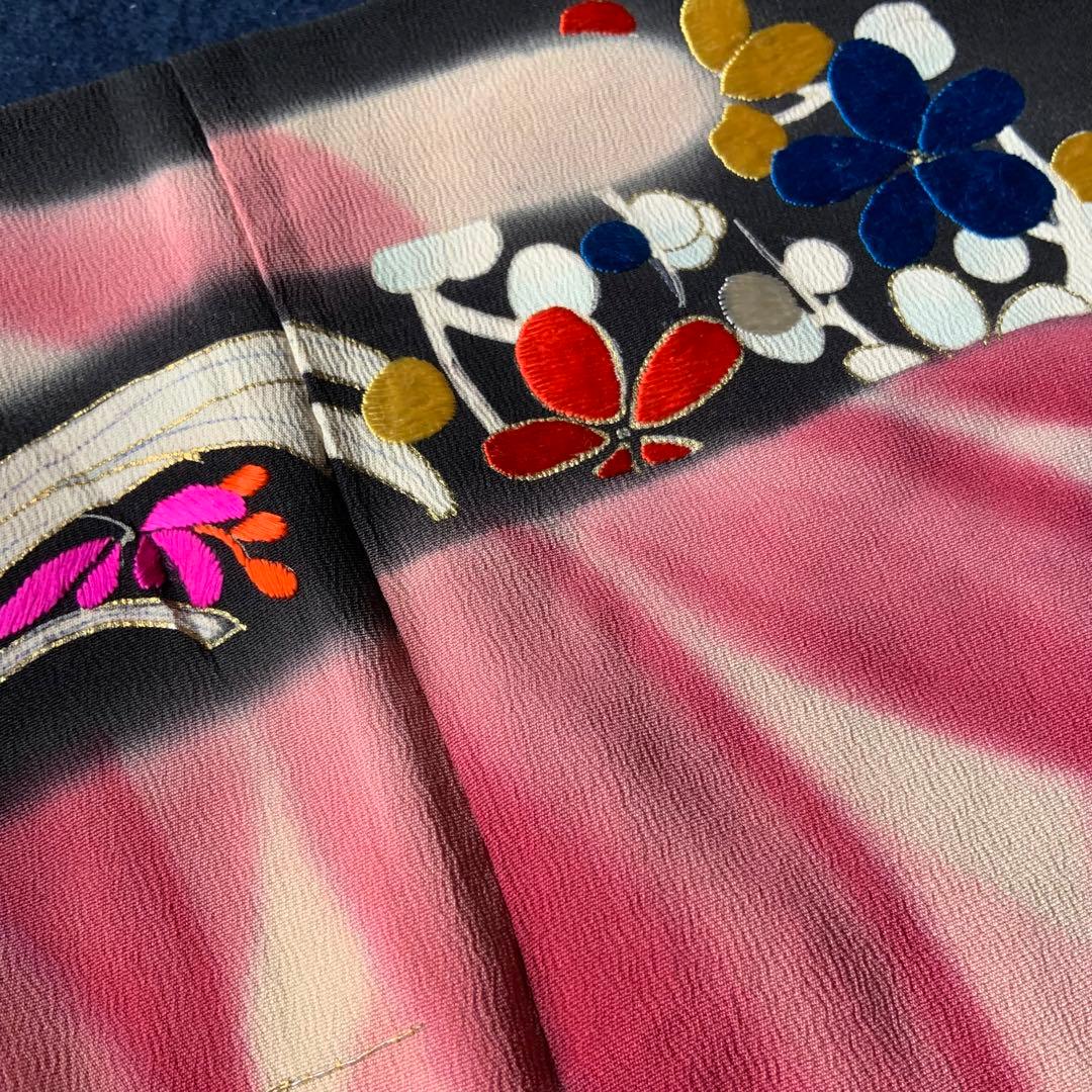 アンティーク振袖 竹に御所車文様振袖ヴィンテージリメイク正絹