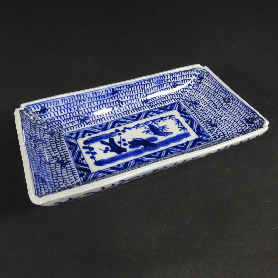 角皿 5枚 染付 古伊万里 明治 江戸 微塵唐草 松竹梅 歪み