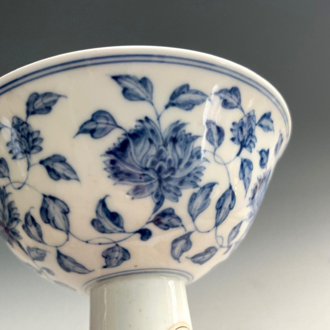 唐物 青花花紋高足杯 馬上杯 大明成化年製 款 中国美術 古玩 SN762