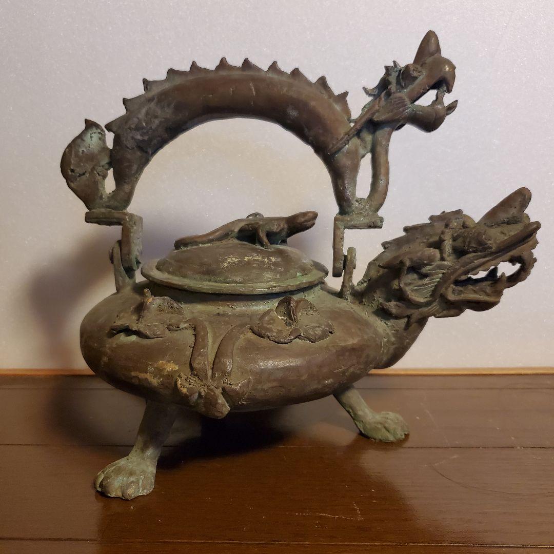 中国古玩　古銅製　双龍頭　香炉　希少品