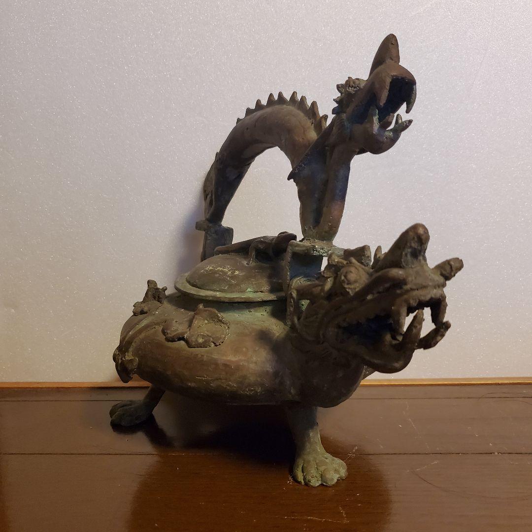 中国古玩　古銅製　双龍頭　香炉　希少品