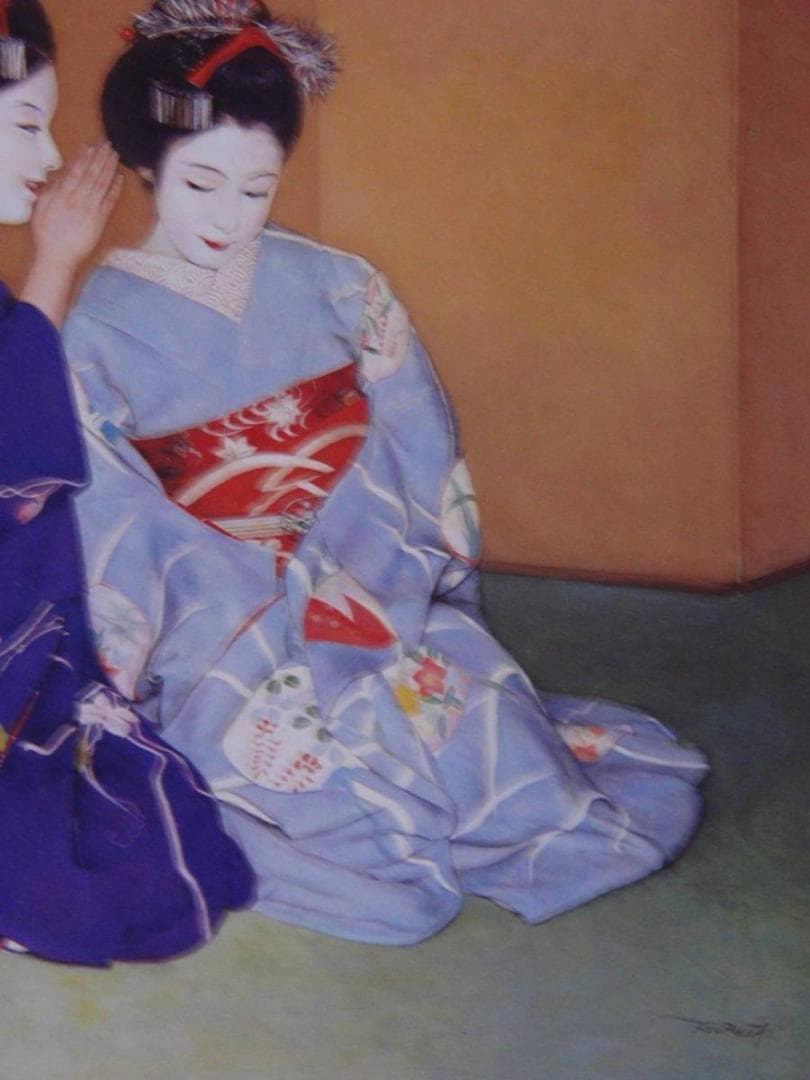 弦田英太郎、【ないしょ話】、希少な額装用画集より、新品額装付