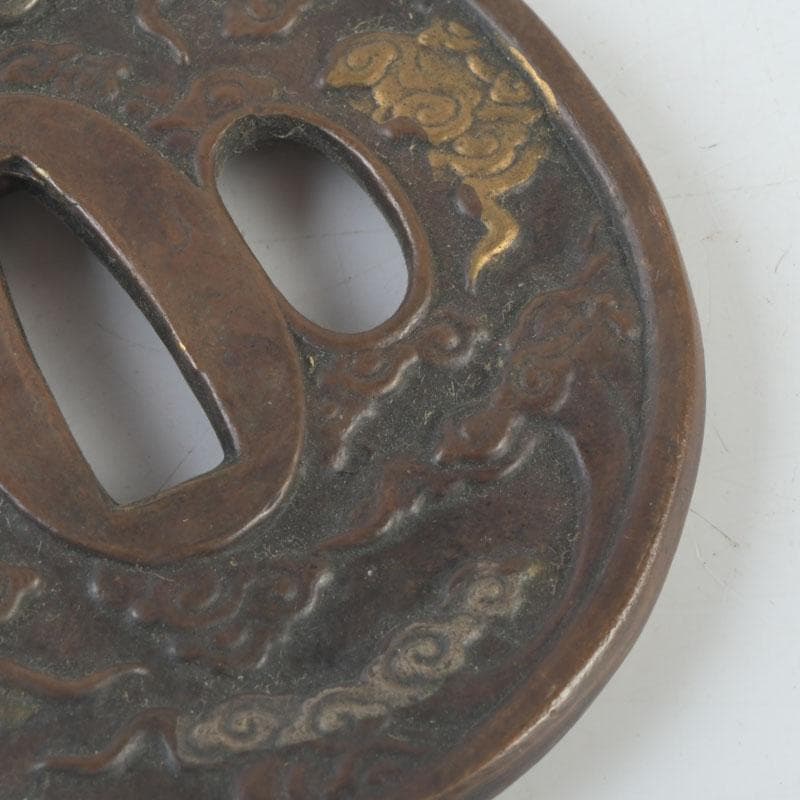 武具　刀装具　古銅　雲龍紋鍔　時代箱　C　9456