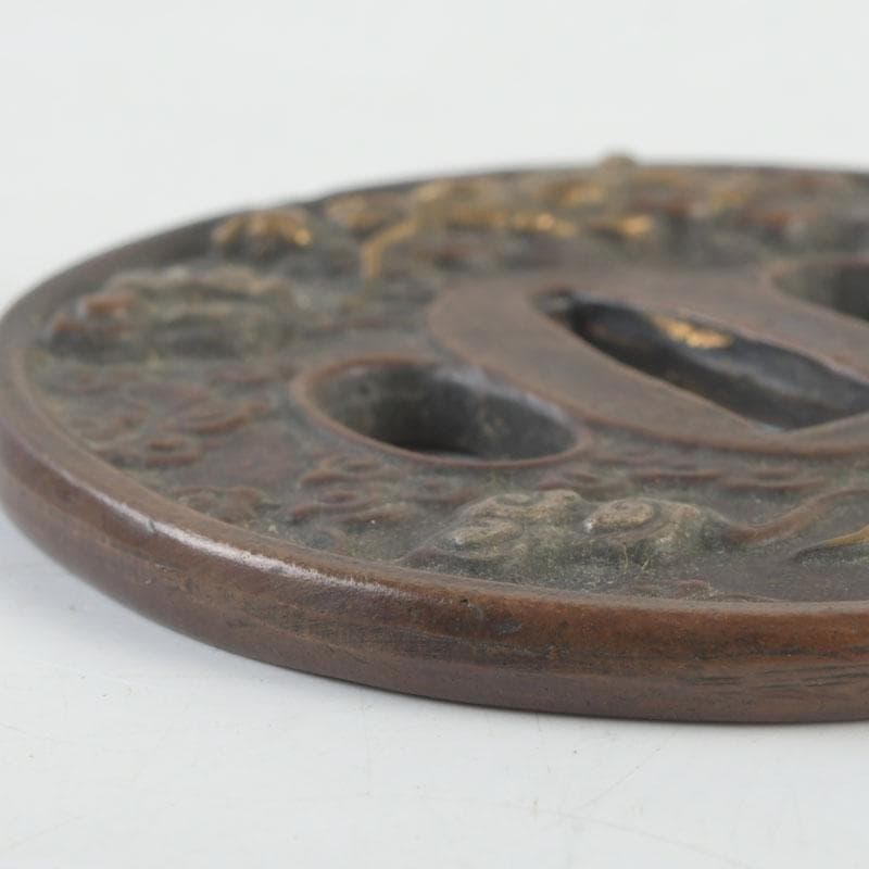 武具　刀装具　古銅　雲龍紋鍔　時代箱　C　9456