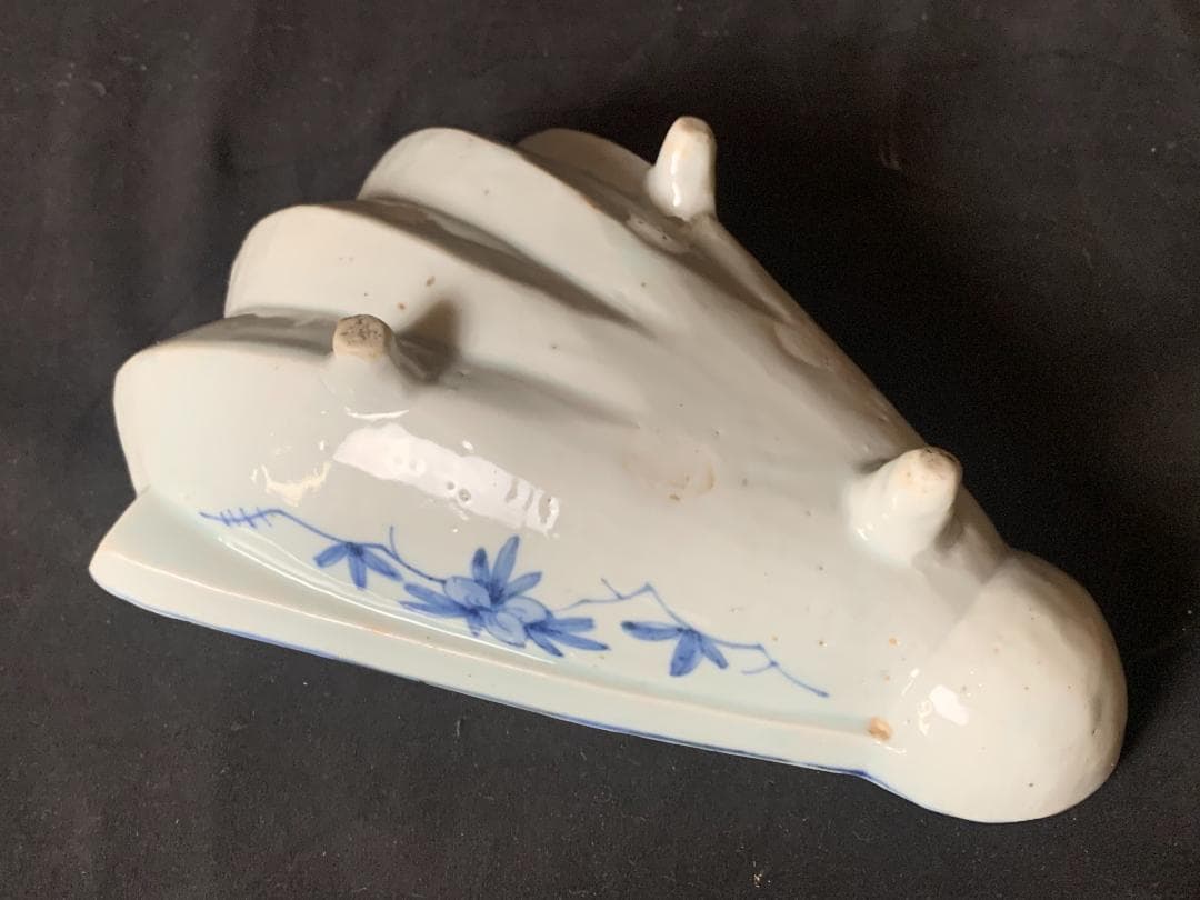 明代 古染付 青花 山水図 半開扇皿 扇鉢 中国古玩 唐物 878