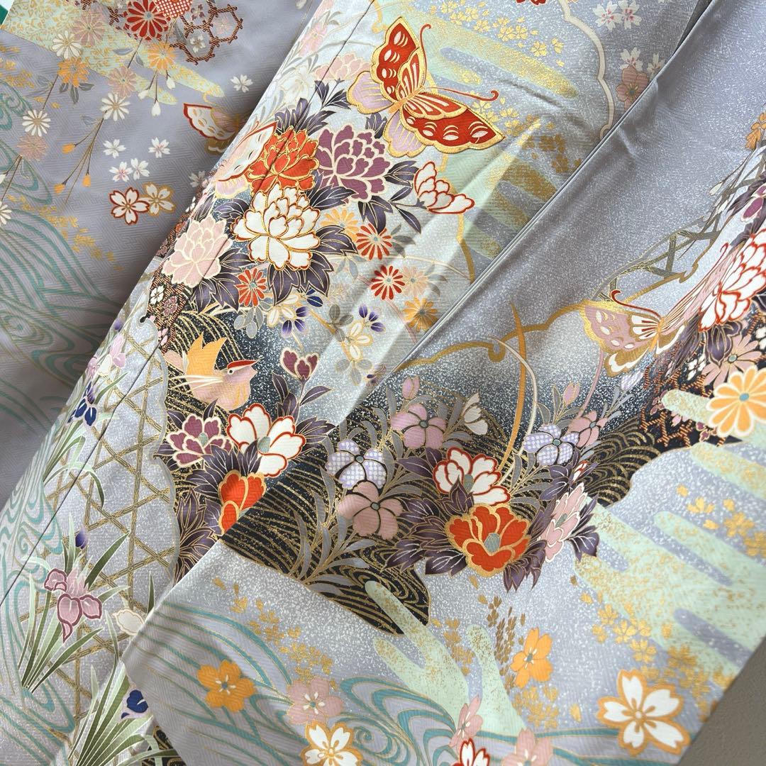 375 振袖フルセット 正絹 ブルーグレー 灰青 金彩 駒刺繍 三越 高級 上品