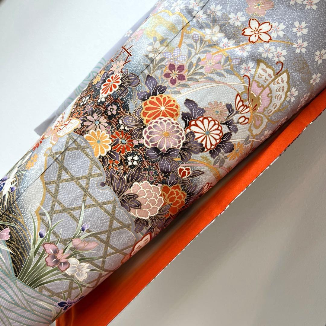 375 振袖フルセット 正絹 ブルーグレー 灰青 金彩 駒刺繍 三越 高級 上品