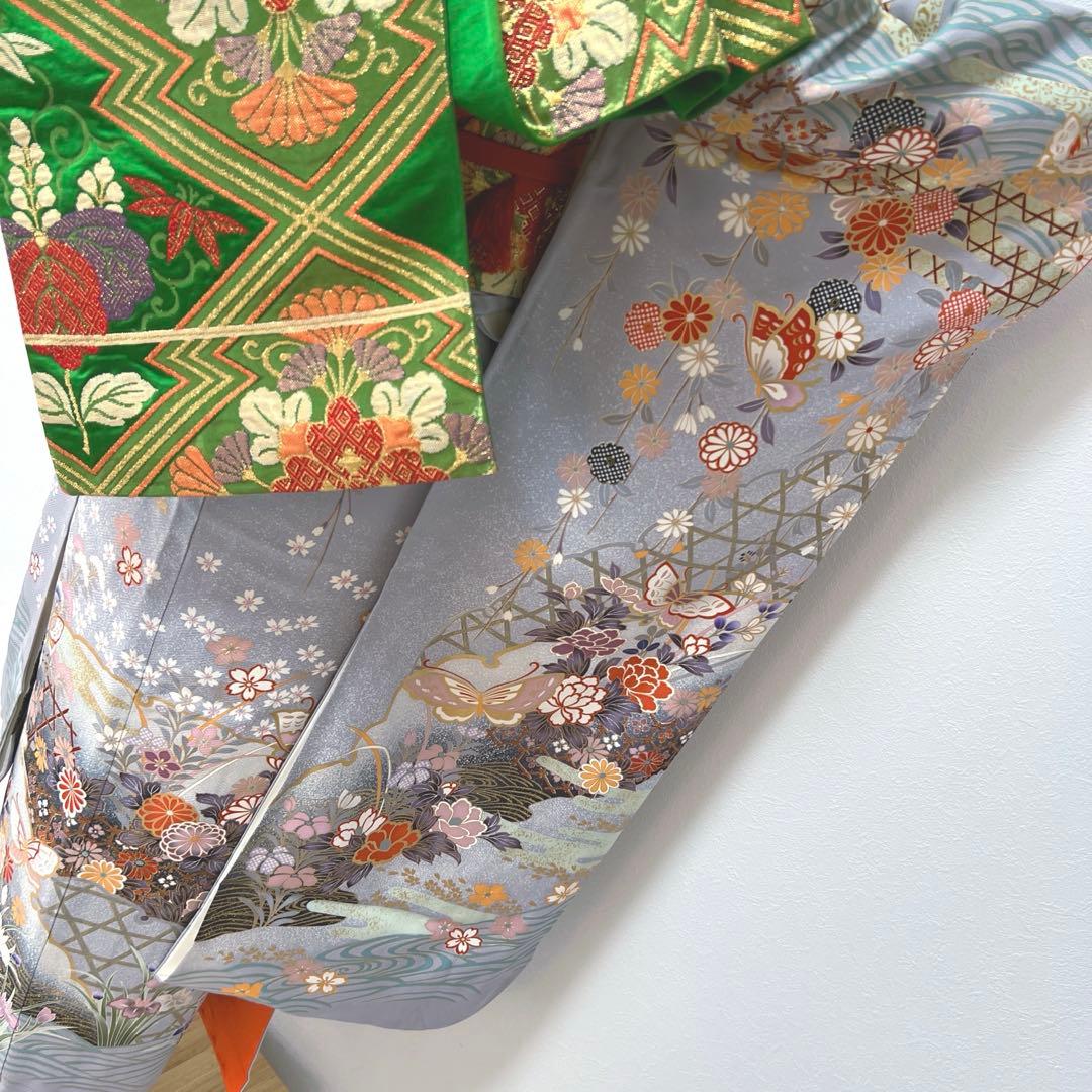 375 振袖フルセット 正絹 ブルーグレー 灰青 金彩 駒刺繍 三越 高級 上品