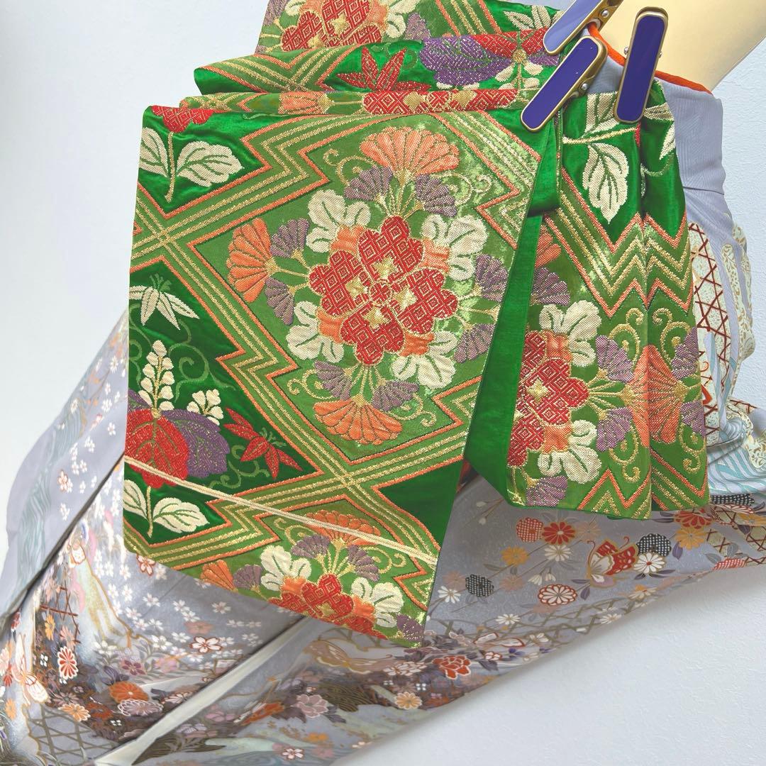 375 振袖フルセット 正絹 ブルーグレー 灰青 金彩 駒刺繍 三越 高級 上品