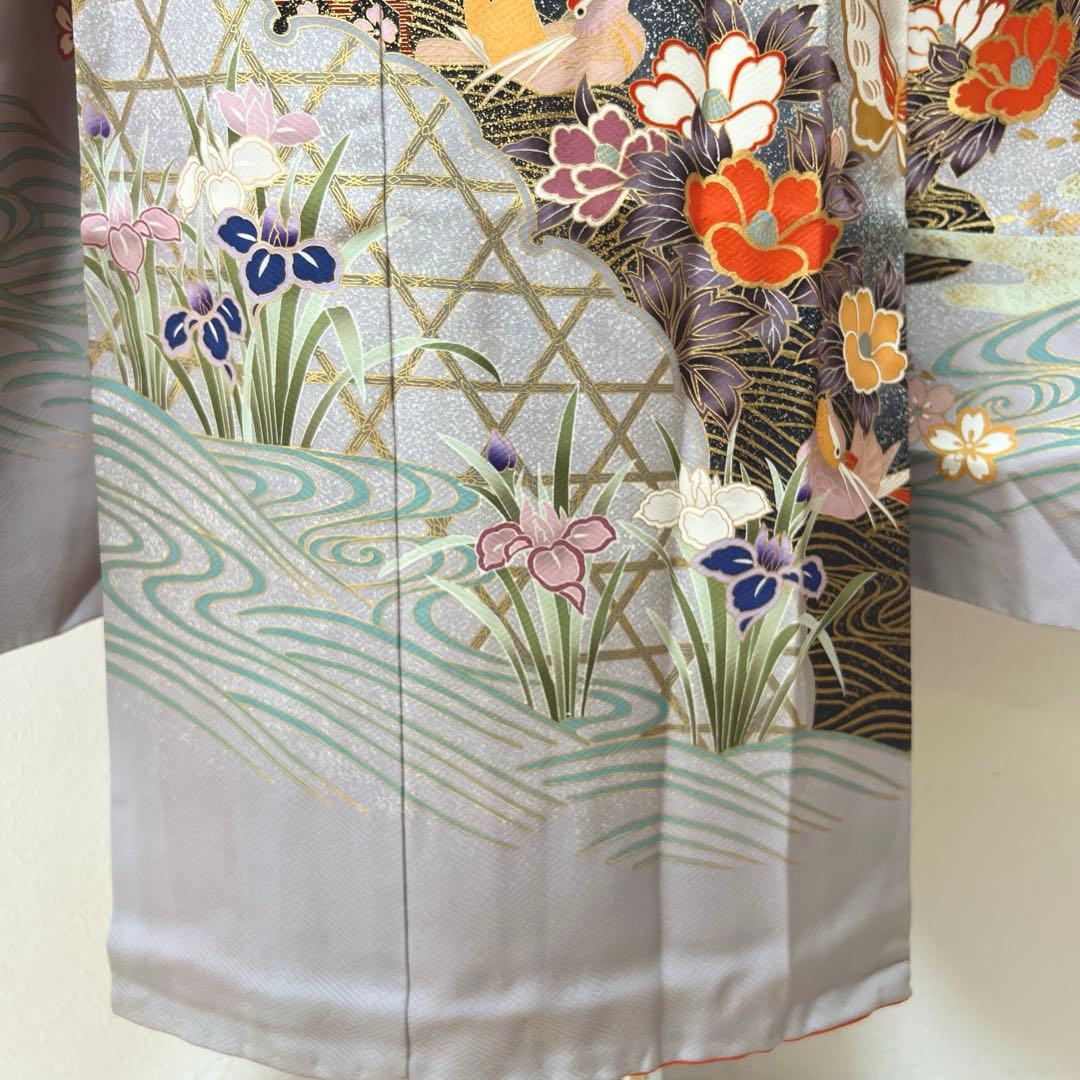 375 振袖フルセット 正絹 ブルーグレー 灰青 金彩 駒刺繍 三越 高級 上品