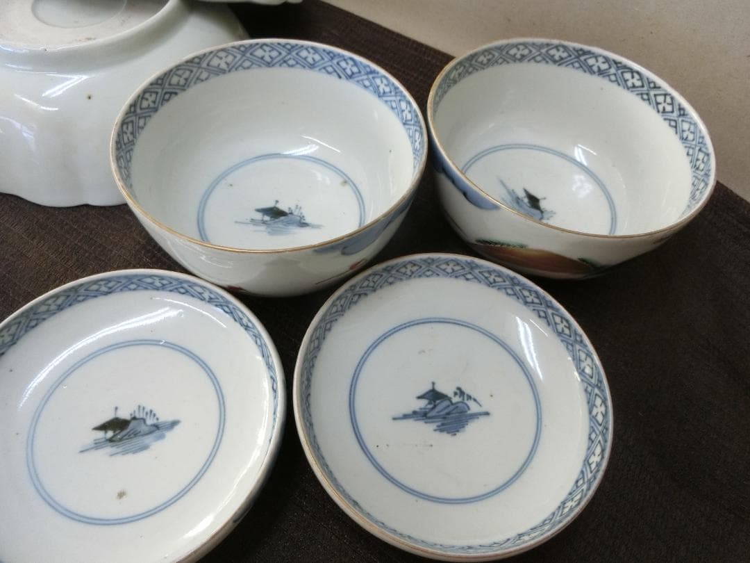 処分価15（木）22時まで【伊万里色絵4種類　角皿　なます皿　丸皿　茶碗　骨董】