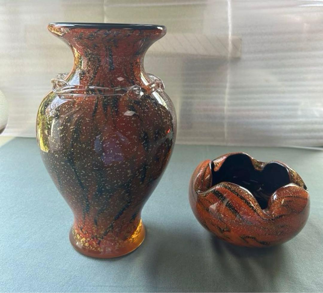 昭和レトロ オレンジ色と黒のガラス花瓶と小物入れセット
