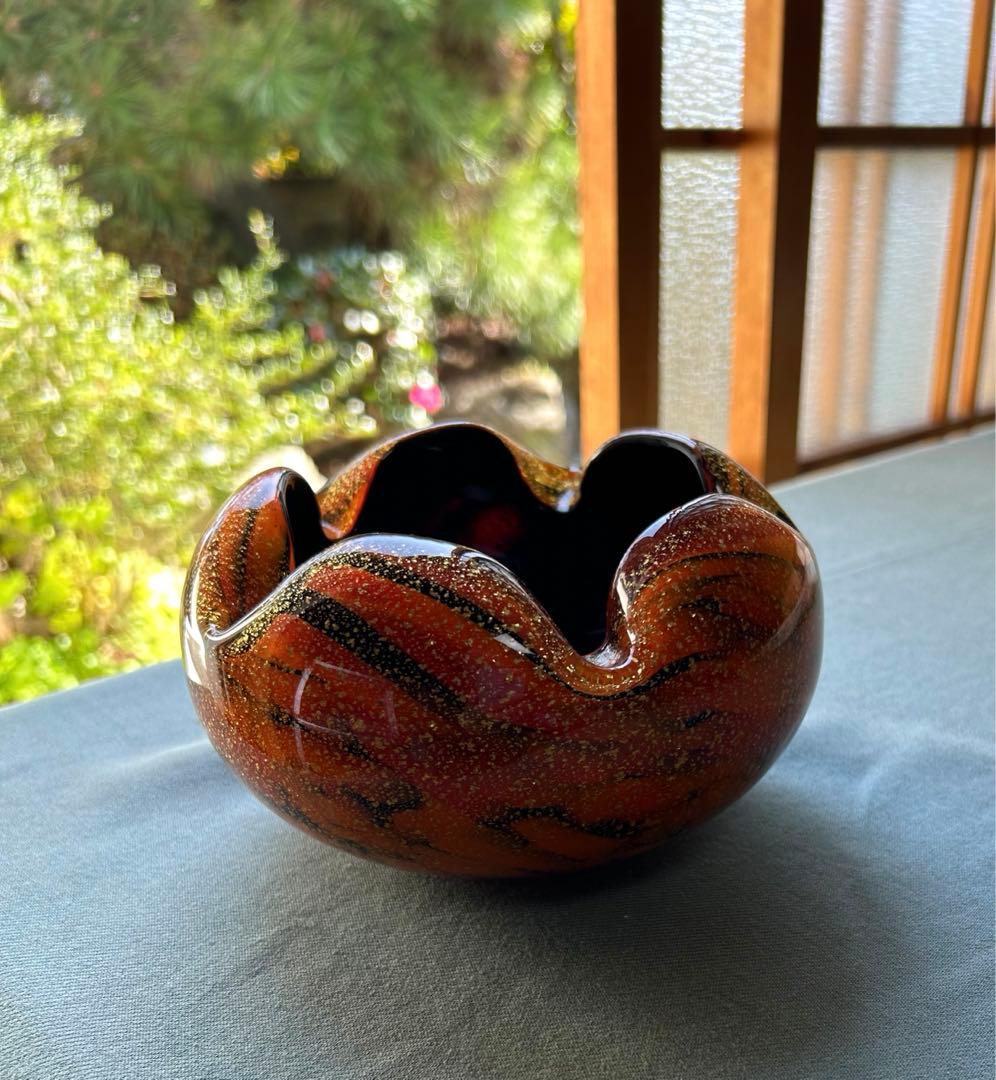 昭和レトロ オレンジ色と黒のガラス花瓶と小物入れセット