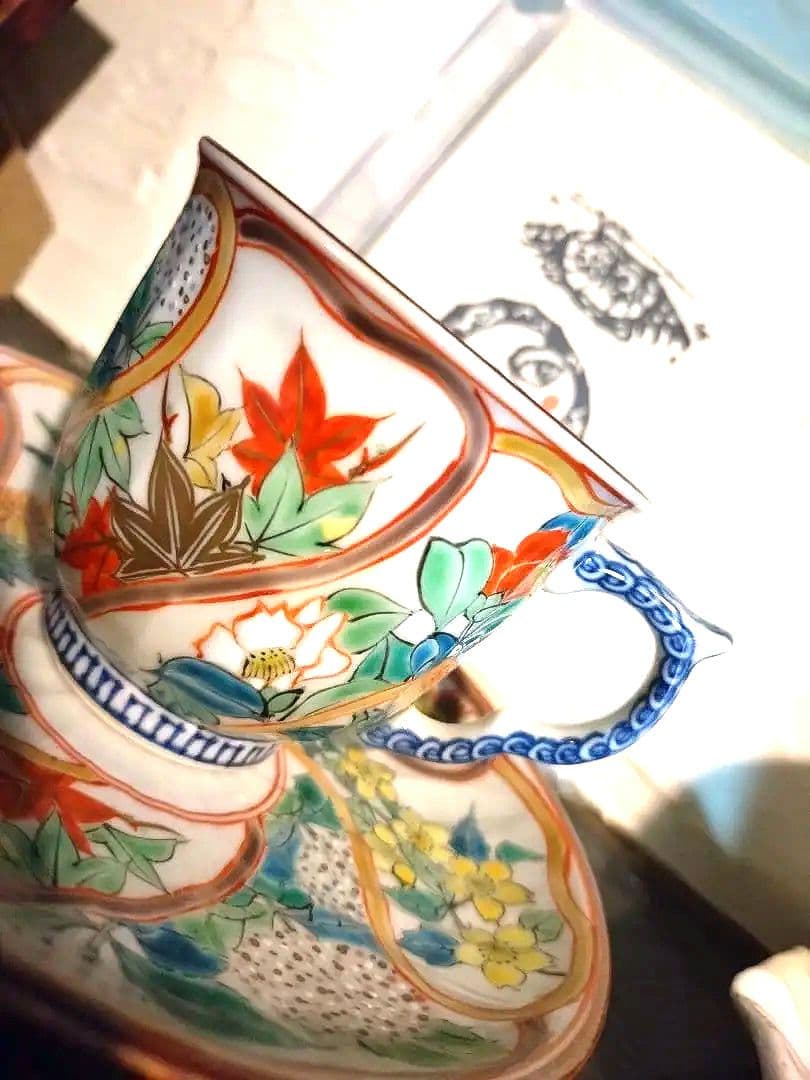 四季草花文・コーヒー碗皿【清水焼】