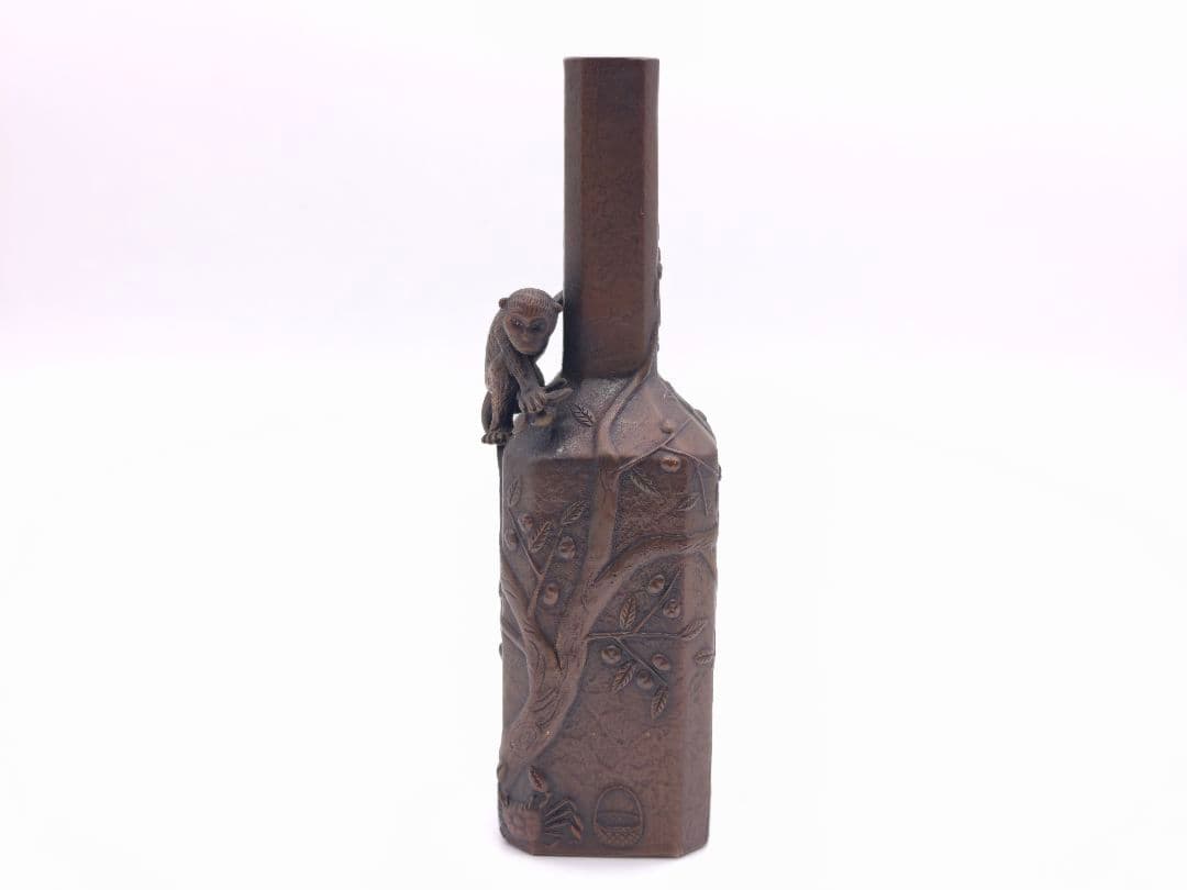 花器 さるかに合戦 下尾治彦作 蝋型青銅製 桐箱付