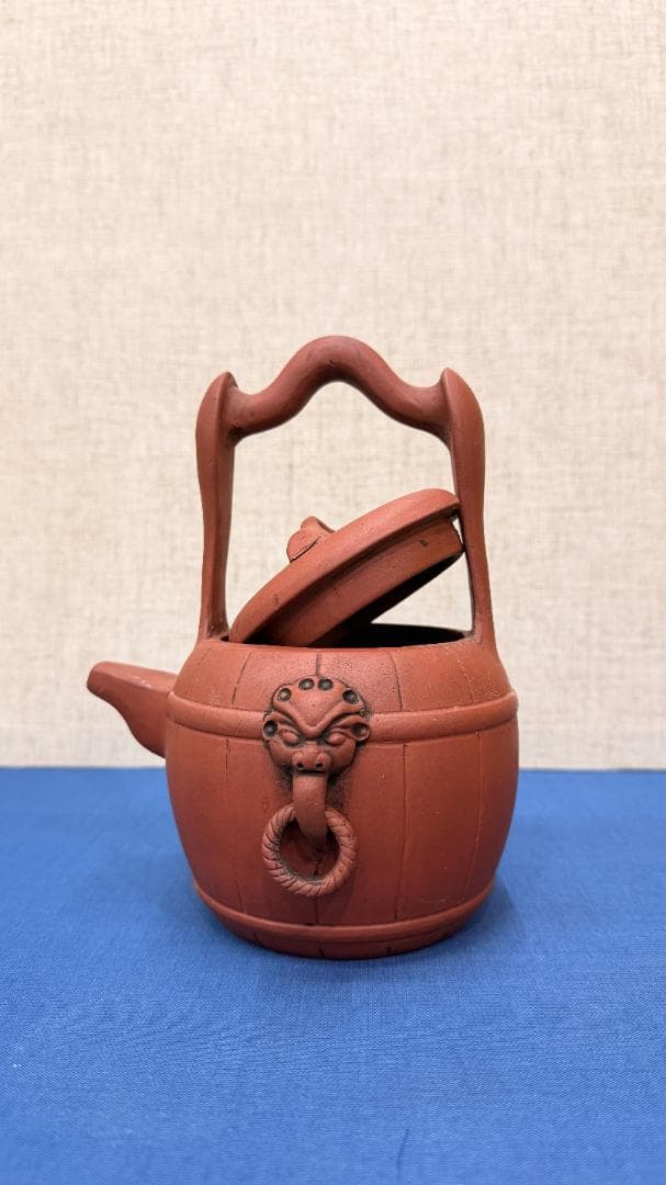 【在銘】紫砂 提梁壺｜獅子面環装・古作風合｜一点物 幅約12・高さ約17