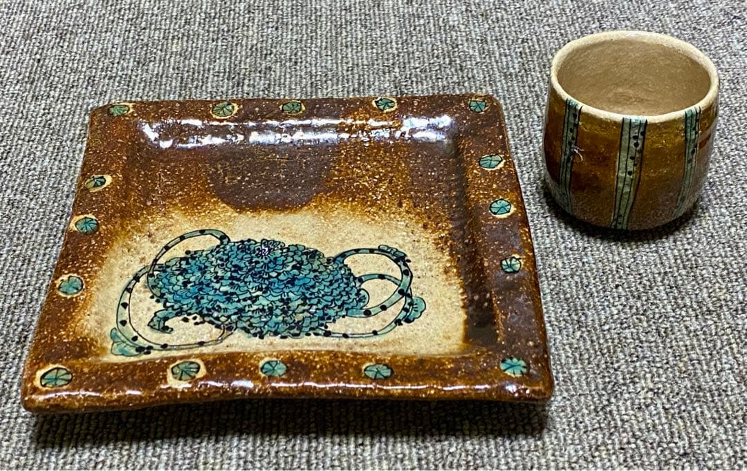 脇山さとみ 蓮絵皿 蓮湯呑み セット