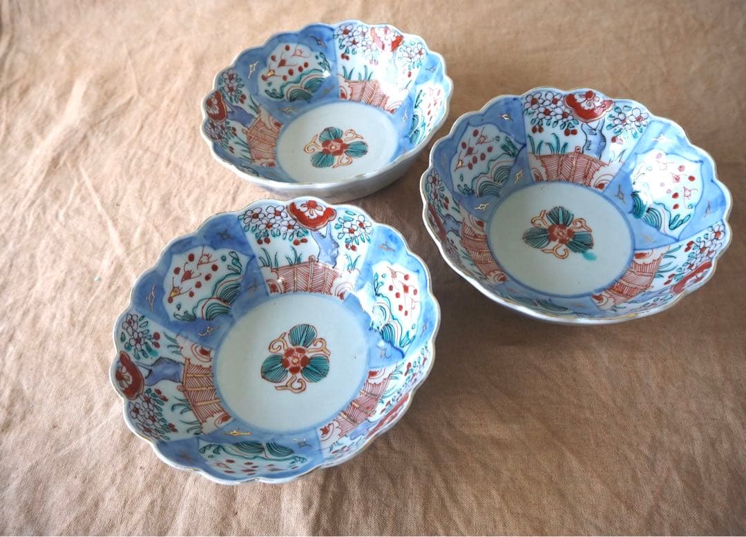 ぴんちゃん 時代伊万里 色絵印判金彩 3羽の鳥 花生垣文 大なます皿 3客