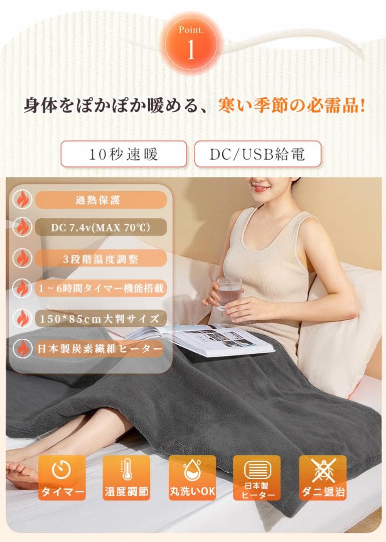 電気毛布 5WAY 9枚炭素繊維ヒーター ひざ掛けUSB給電式 150×85cm
