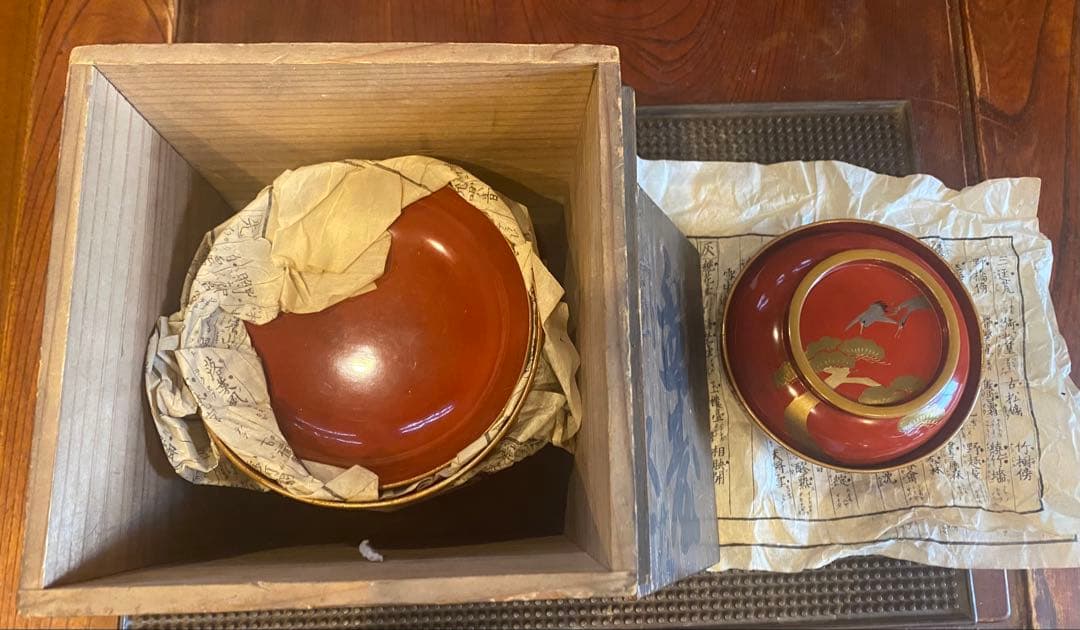 明治期　山中漆器　蒔絵鶴松　箱付5客 古和紙・和歌季語集付き ヴィンテージレア