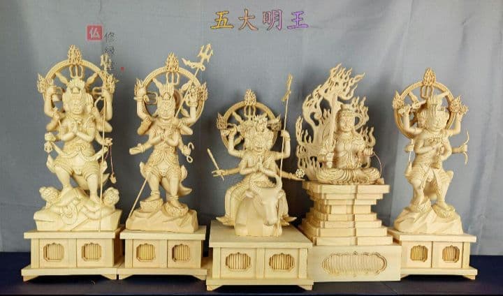 【修縁堂】最高級 木彫仏像 五大明王像一式 彫刻 一刀彫 天然木檜材 仏教工芸