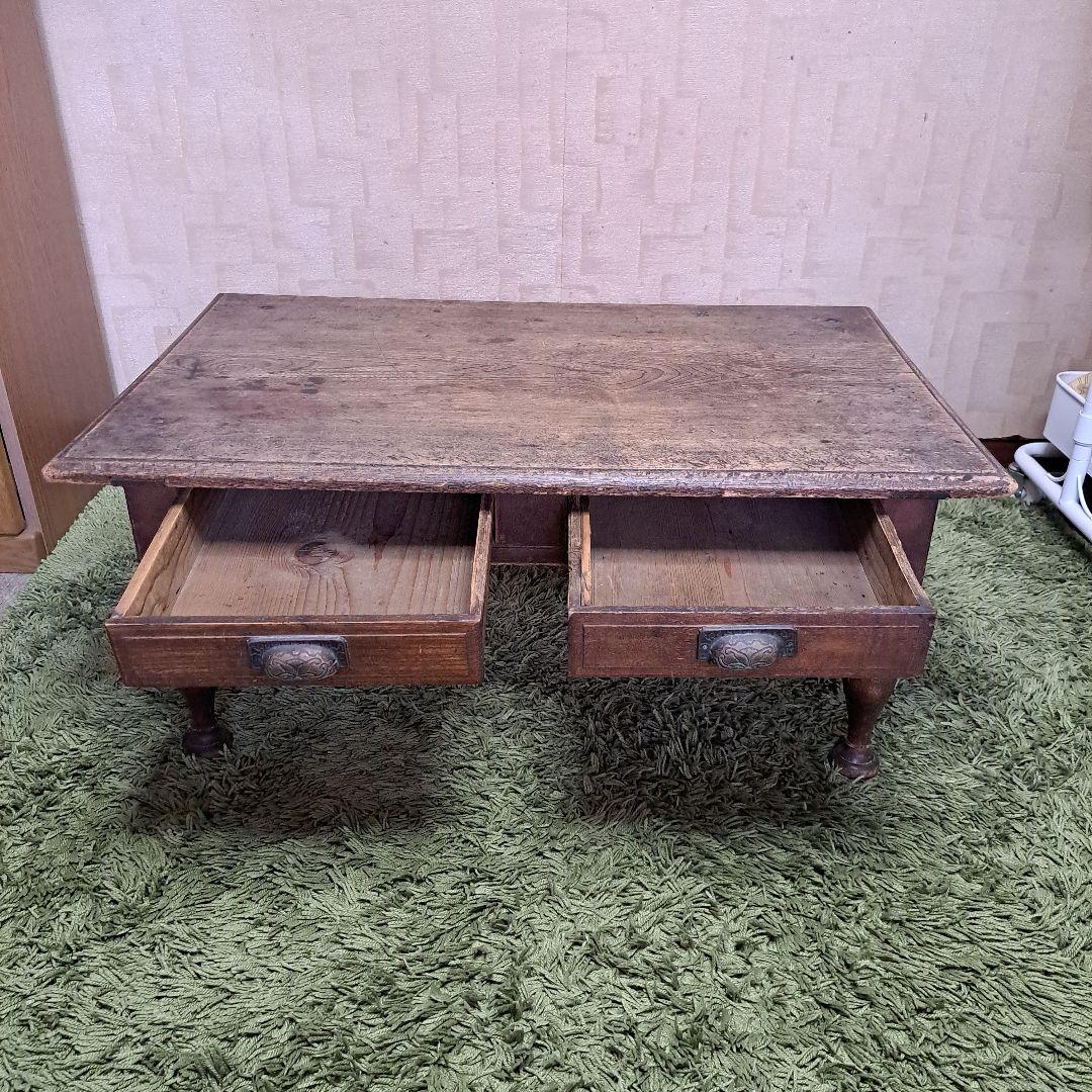 昭和レトロ　ヴィンテージ　木製　文机　飾り台　天板一枚板　ろくろ脚