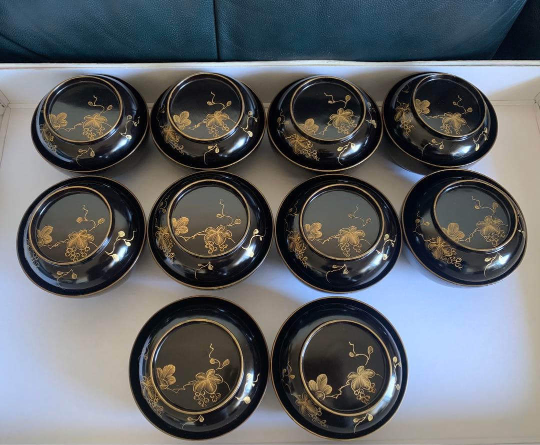 輪島塗　沈金　華の絵　天然木　お碗　蓋付　10客セット　漆器