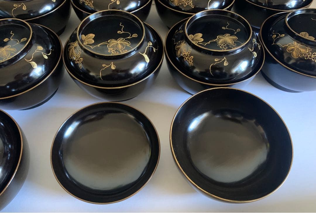 輪島塗　沈金　華の絵　天然木　お碗　蓋付　10客セット　漆器