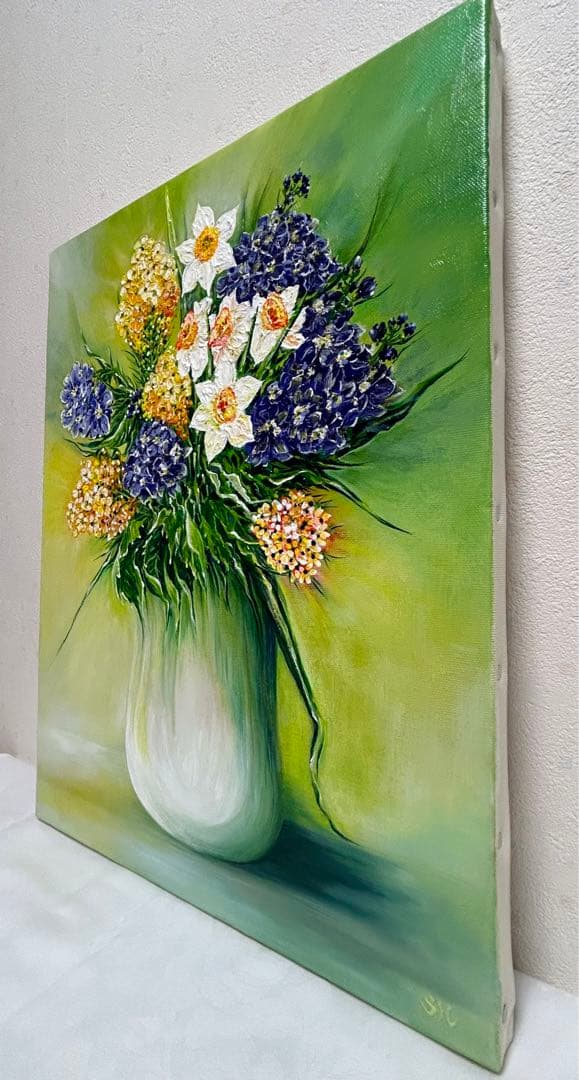 新しい一日 油彩 油画 SH16 R6 F6  (菜の花・水仙・ビオラ)