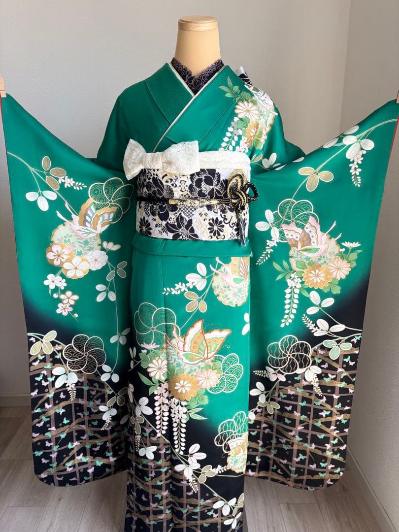 まいめろ　振袖フルセット（６点）＋草履バッグセット正絹　☆クリーニング済み