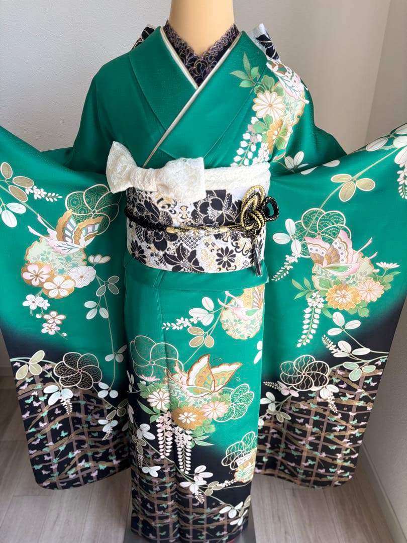 まいめろ　振袖フルセット（６点）＋草履バッグセット正絹　☆クリーニング済み