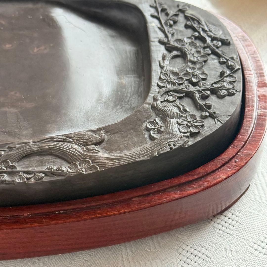 超限定出品18日20時‼️旧家蔵出端渓硯『梅雀陽刻硯』」唐木箱と蓋証明書付1点⑤