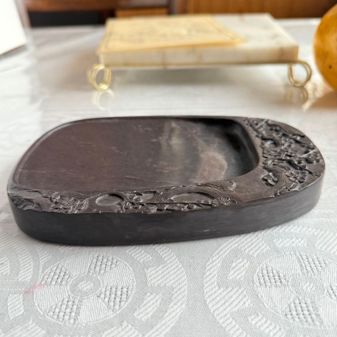 超限定出品18日20時‼️旧家蔵出端渓硯『梅雀陽刻硯』」唐木箱と蓋証明書付1点⑤