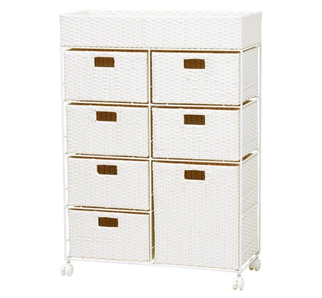 【未使用】ラタン ランドリー チェスト 4段 キャスター付