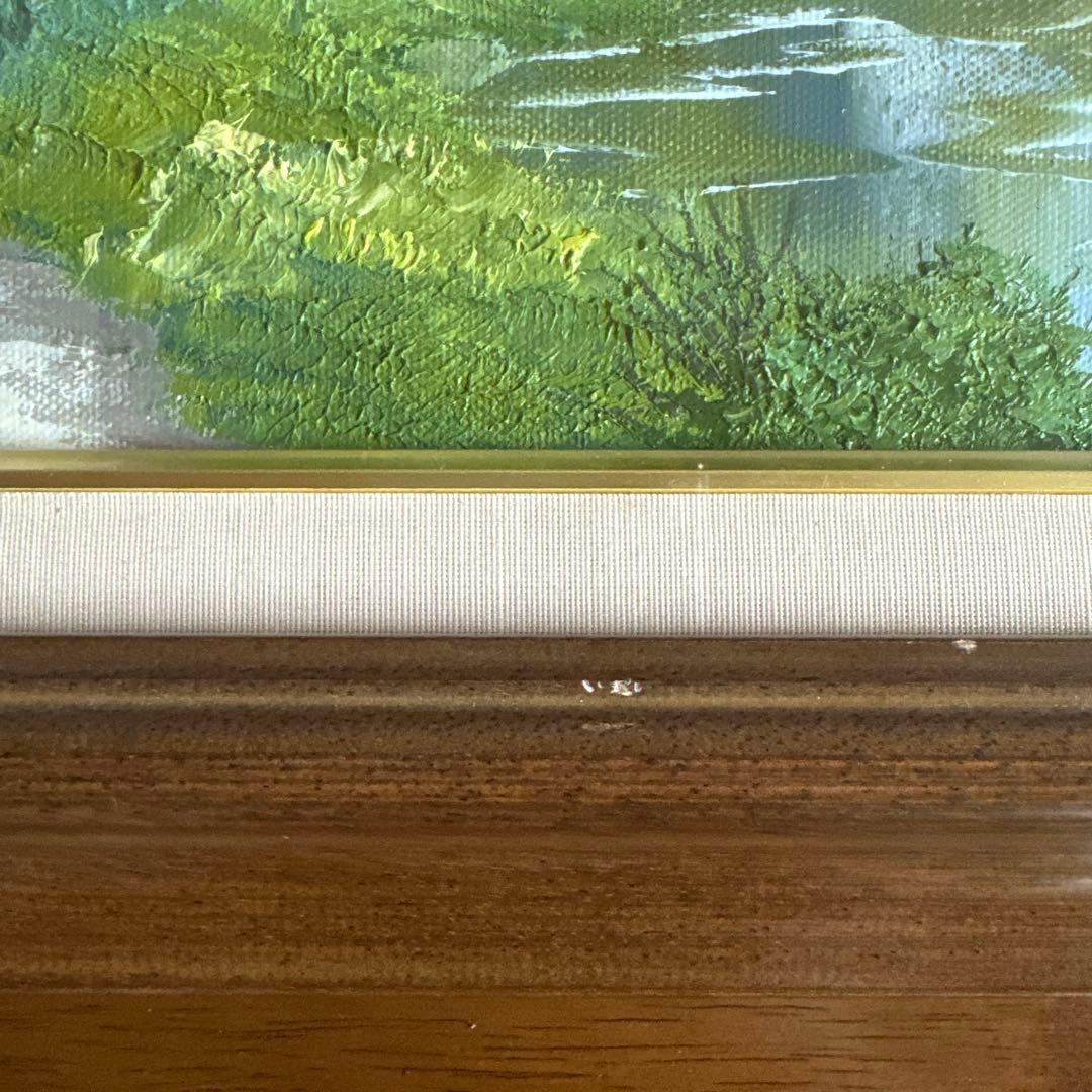 雪山と川の風景 油彩画