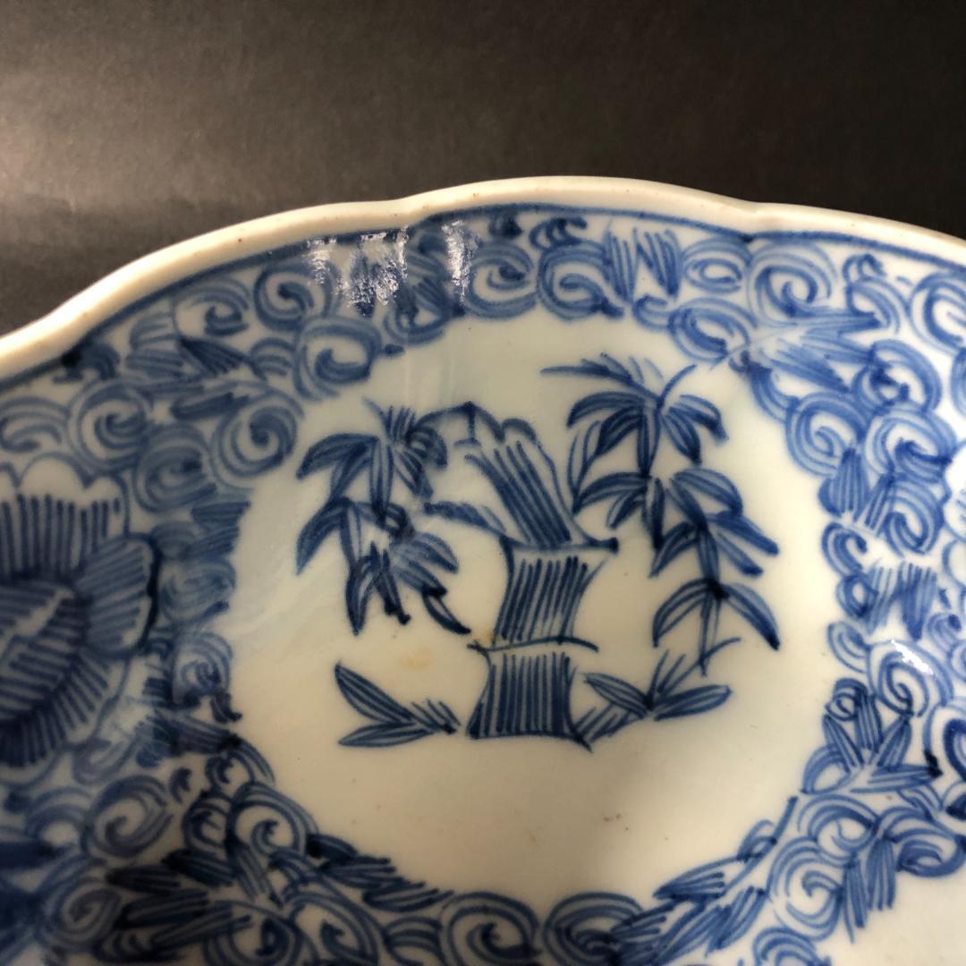 古伊万里　染付　微塵文様に丸文松竹梅文様　六寸鉢　輪花鉢　盛鉢