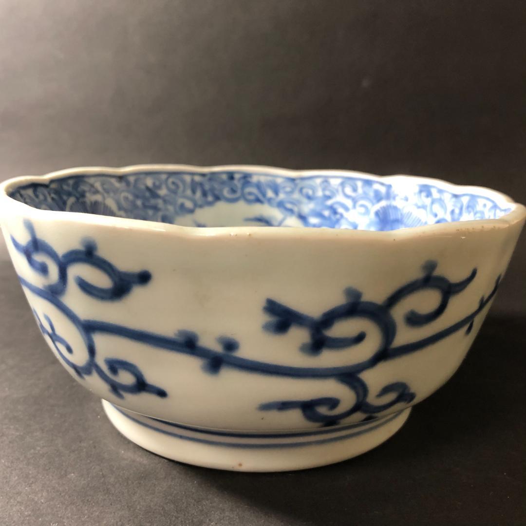 古伊万里　染付　微塵文様に丸文松竹梅文様　六寸鉢　輪花鉢　盛鉢