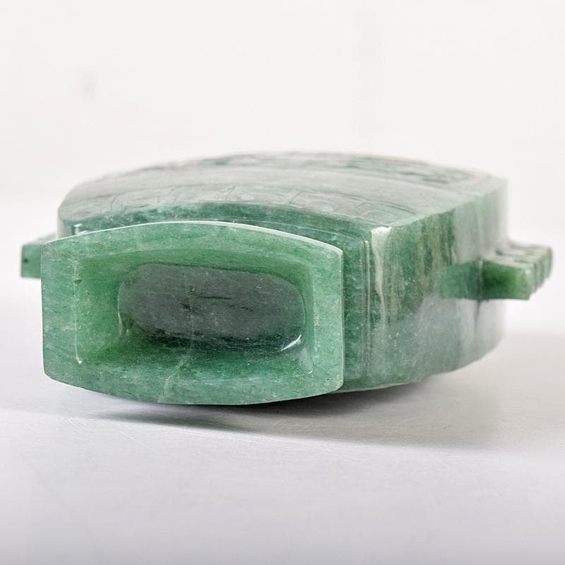 中国　玉石翡翠彫刻　飾壷　約530g　唐木台付　D　R8759