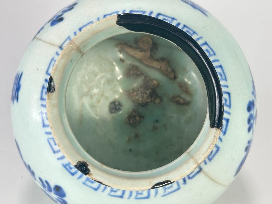 韓国美術　李朝時代　青花　花卉文壷　小壷　直り有　時代物　古物　朝鮮古陶磁