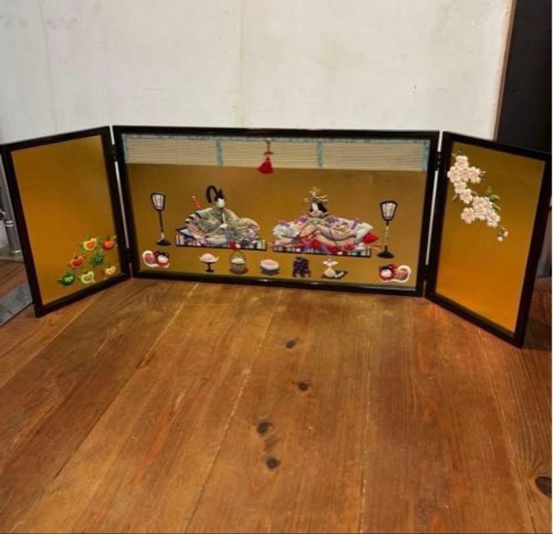 美品　押絵びな　江戸ちりめん　三枚屏風　お雛様　ひな祭り